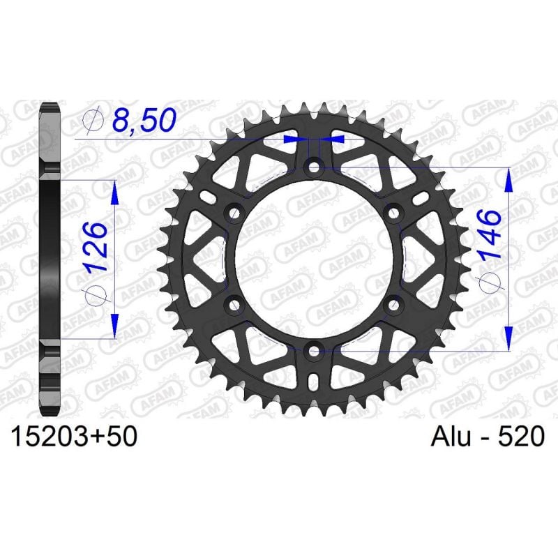 A15203.50 Corone in ergal autopulenti AFAM SUZUKI RMZ 450 05-23 Denti:50 Passo:520 AFAM