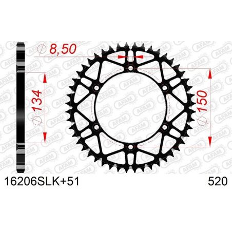 A16206S.51 Corone in acciaio SLK AFAM KAWASAKI KX 250 82-08 Denti:51 Denti Passo:520 AFAM