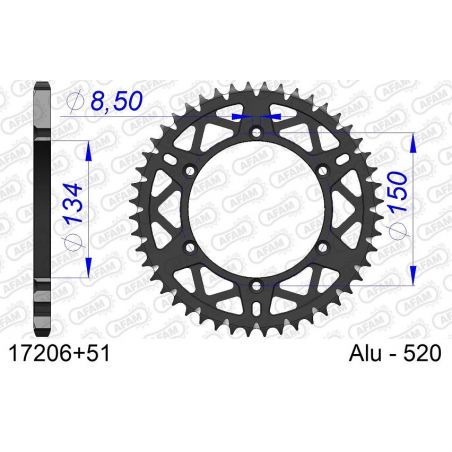 A17206.51 Corone in ergal autopulenti AFAM KAWASAKI KX 450 F 06-24 Denti:51 Denti Passo:520 AFAM