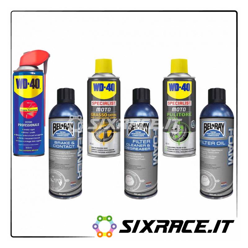 kit_6 Kit completo pulitori e grasso spray per catena freni e filtro moto  