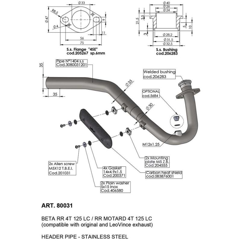 LE80031 Raccordo de-Catalizzatore BETA RR 125 Motard 4t 125 2021 2023 LEOVINCE