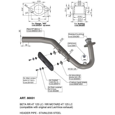 LE80031 Raccordo de-Catalizzatore BETA RR 125 Motard 4t 125 2021 2023 LEOVINCE