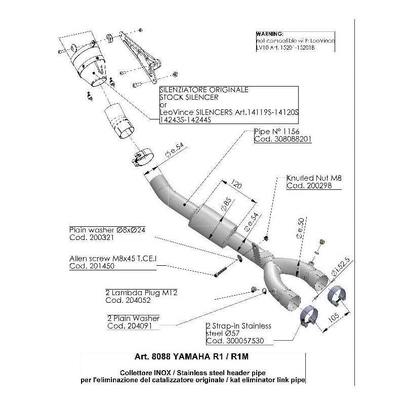 LE8088 Raccordo de-Catalizzatore YAMAHA R1M 1000 2015 2023 LEOVINCE