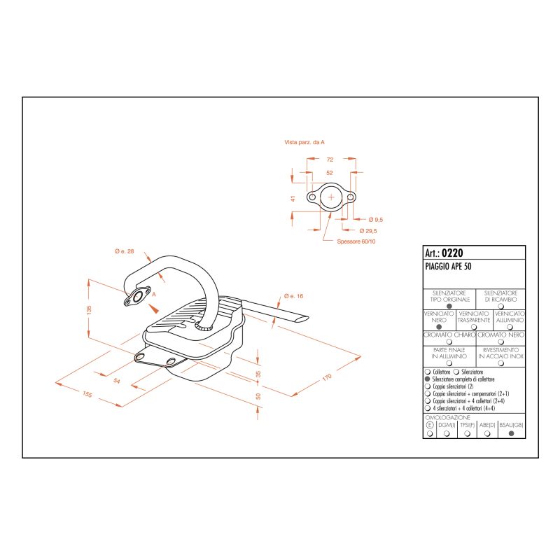 LE0220 SITO -Silenziatore con collettore PIAGGIO Ape 50 (C8000) 50 1999 2017 LEOVINCE