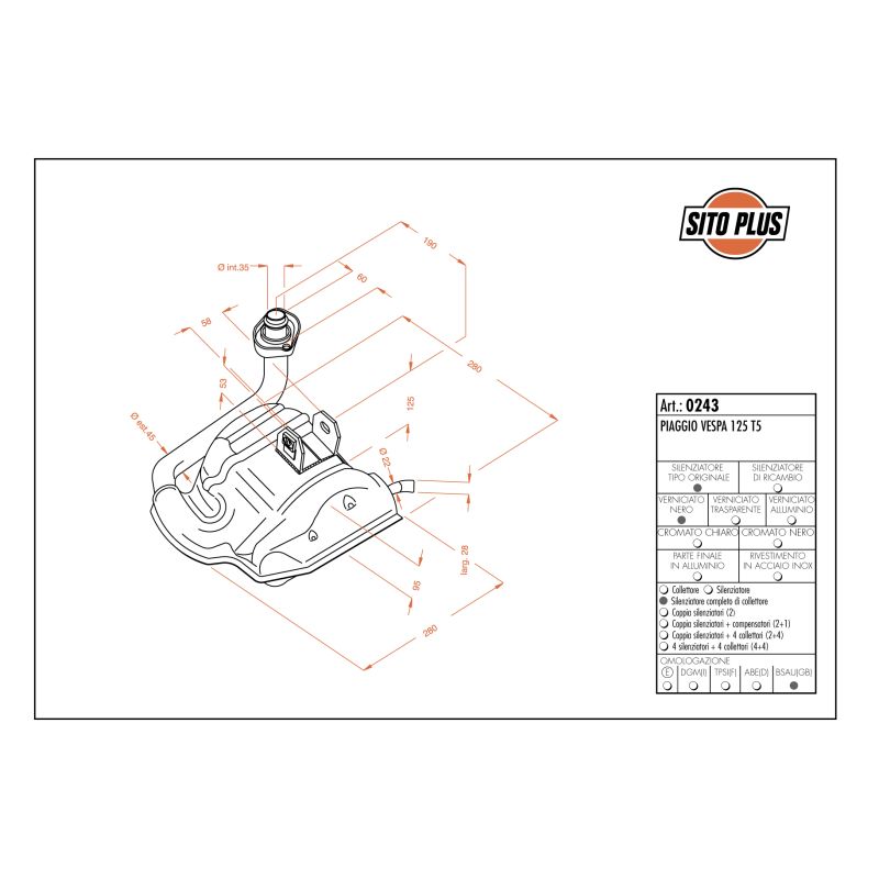 LE0243 SITO PLUS - Silenziatore con collettore PIAGGIO Vespa 125 T5 125 1985 1989 LEOVINCE