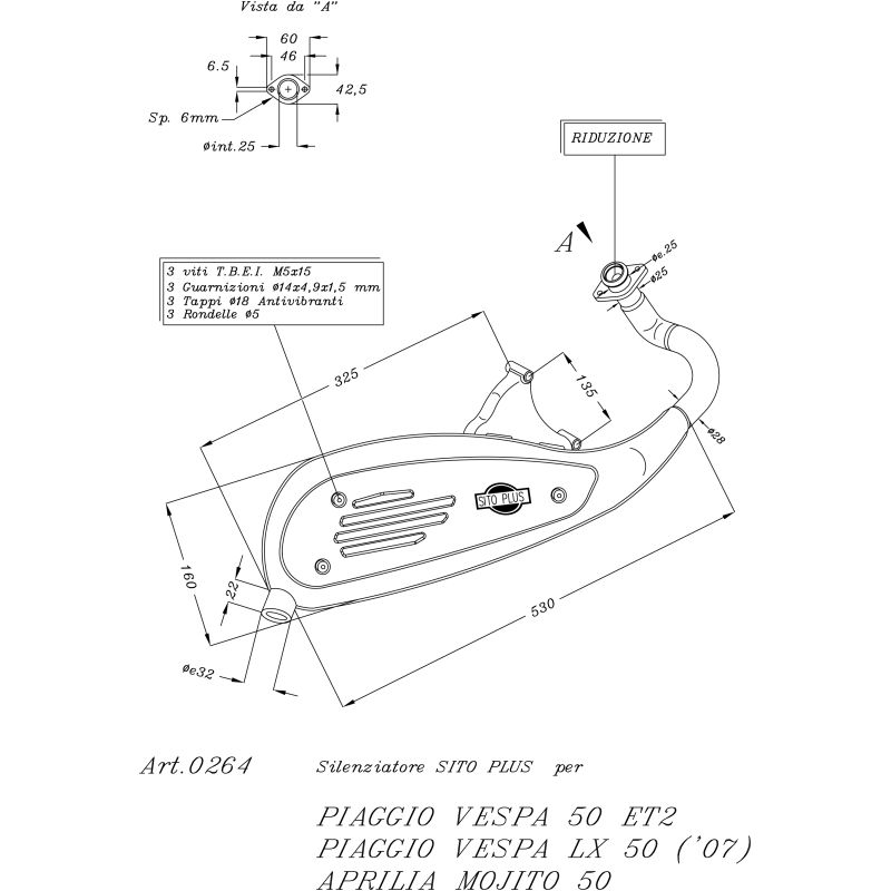 LE0264 SITO PLUS - Silenziatore con collettore PIAGGIO Vespa 50 LX 2t 50 2009 2011 LEOVINCE