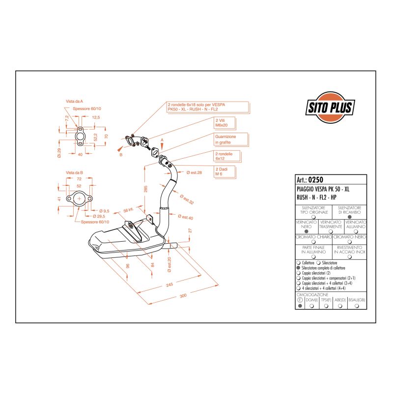 LE0250 SITO PLUS - Silenziatore con collettore PIAGGIO Vespa PK 50 S automatica 50 1982 1990 LEOVINC