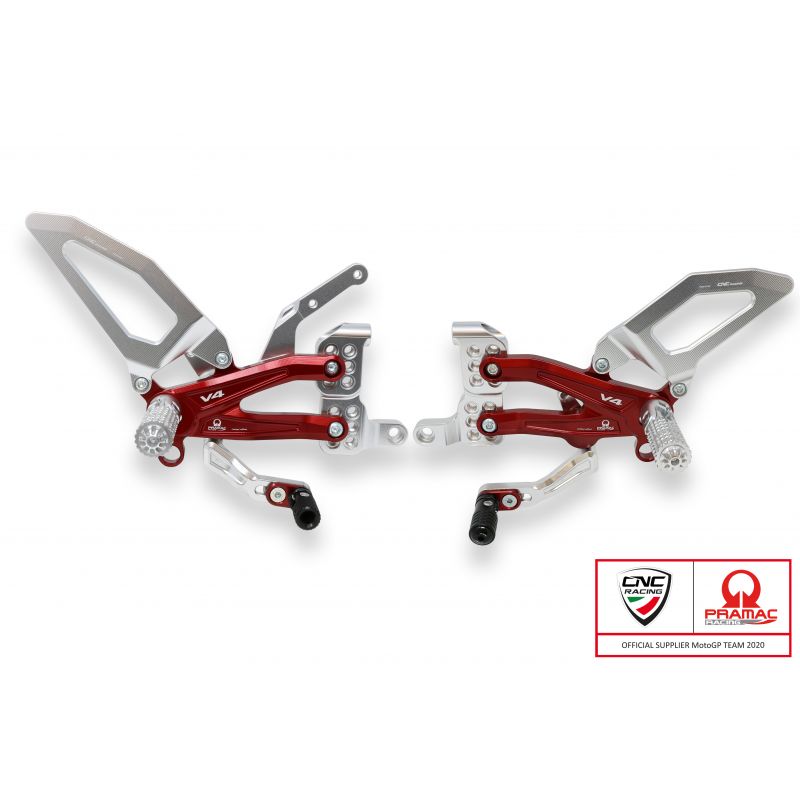 PE406PR Pedane regolabili per serie Panigale V4, V4 S e V4 Speciale - Pr Argento/Rosso  CNC RACING