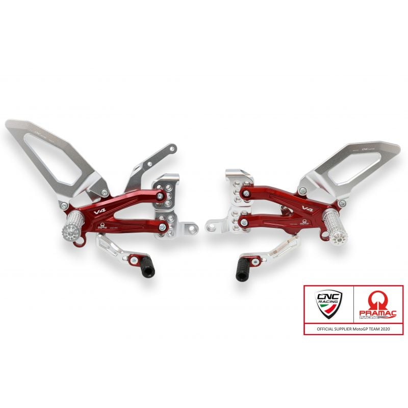 PE407PR Pedane regolabili per serie Panigale V4, V4 S e V4 Speciale - EA Argento/Rosso  CNC RACING