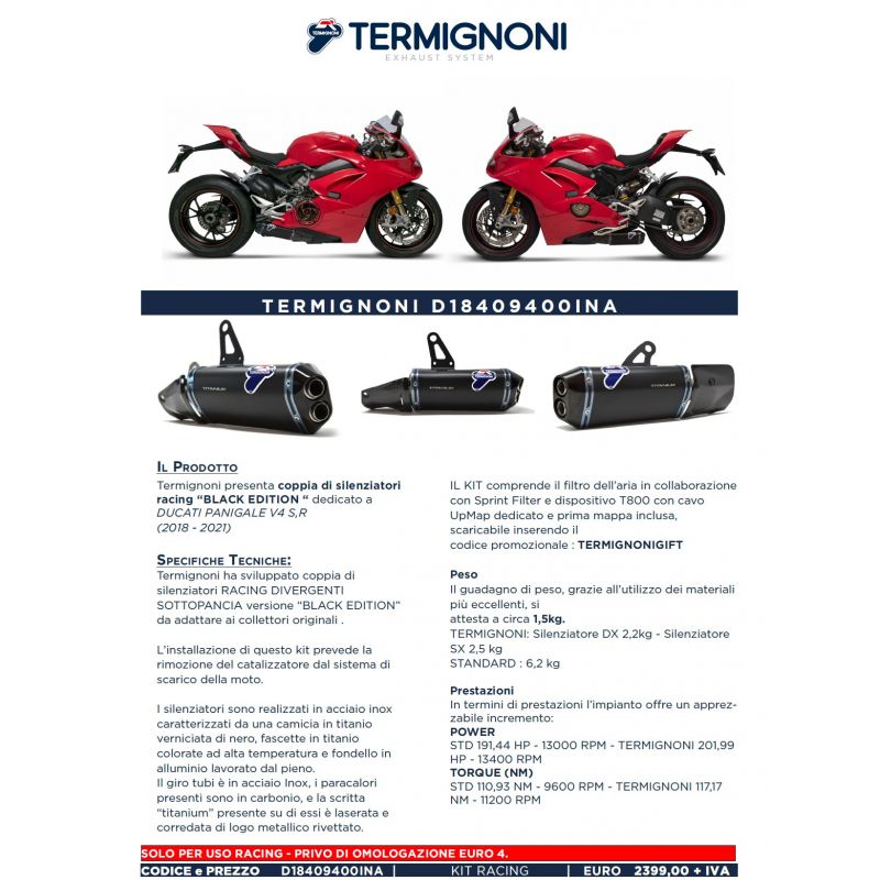 D18409400INA Scarico Termignogni Racing Ducati Panigale V4 S R D18409400INA Black Edition + Filtro D18409400INA Scarico Termignogni Racing Ducati Panigale V4 S R D18409400INA Black Edition + Filtro