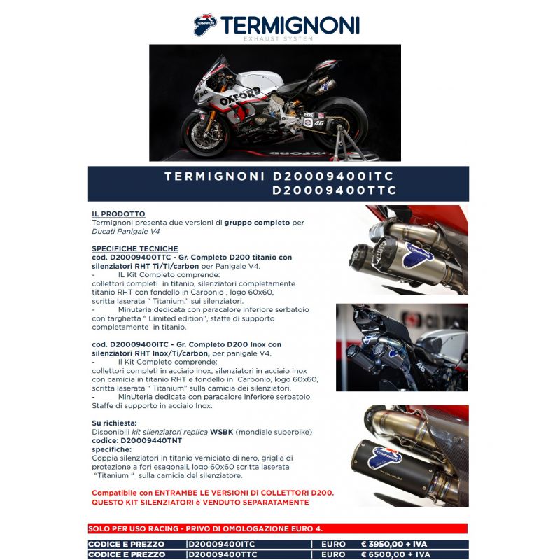 D20009400ITC Scarico Completo Termignoni Panigale V4 D20009400ITC Reparto Corse  Termignoni