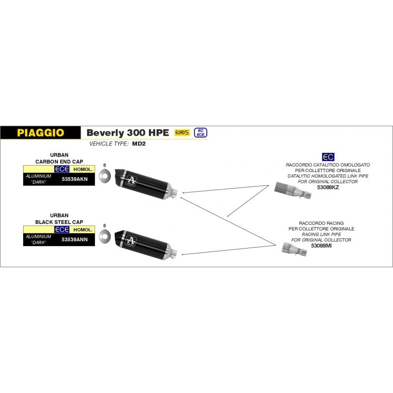 53088MI Collettore racing per scarico Urban Piaggio Beverly 300 HPE 2021- 300 cc 8019799114159 ARROW